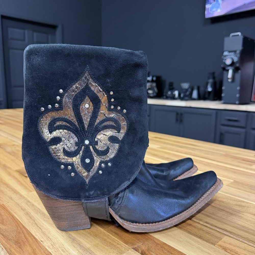 Corral Vintage Womens Black Leather Fleur de Lis Snip Toe Western Boots Sz 9.5